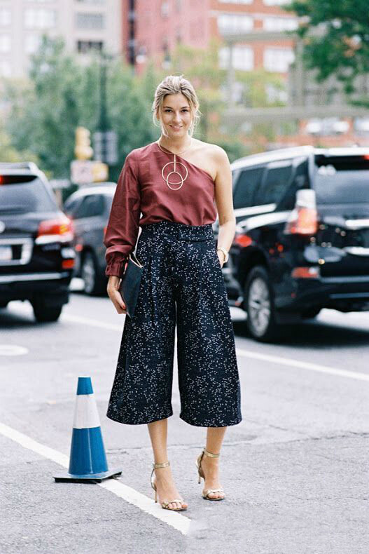 斜肩 阔腿裤 街拍